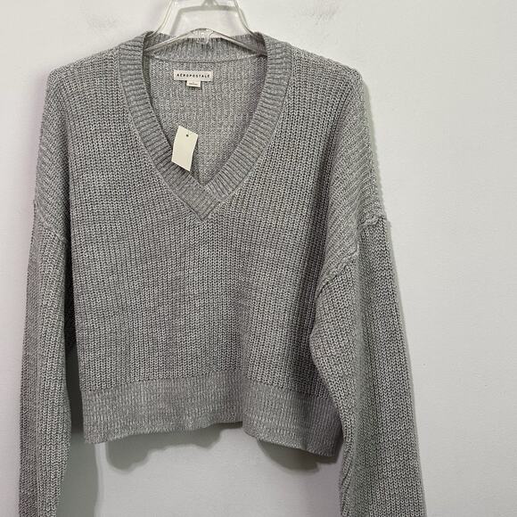 Aeropostale V Neck Sweater L Grey Cropped Long Sleeve Chunky Knit Womens NEW - Picture 3 of 10
